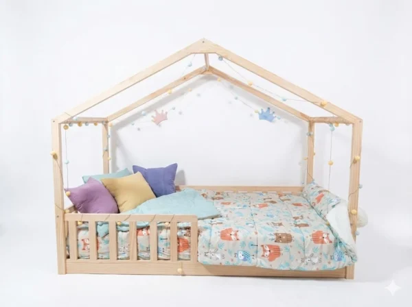 Cama Casita Montessori 1 Plaza Madera Pino Con Barandas